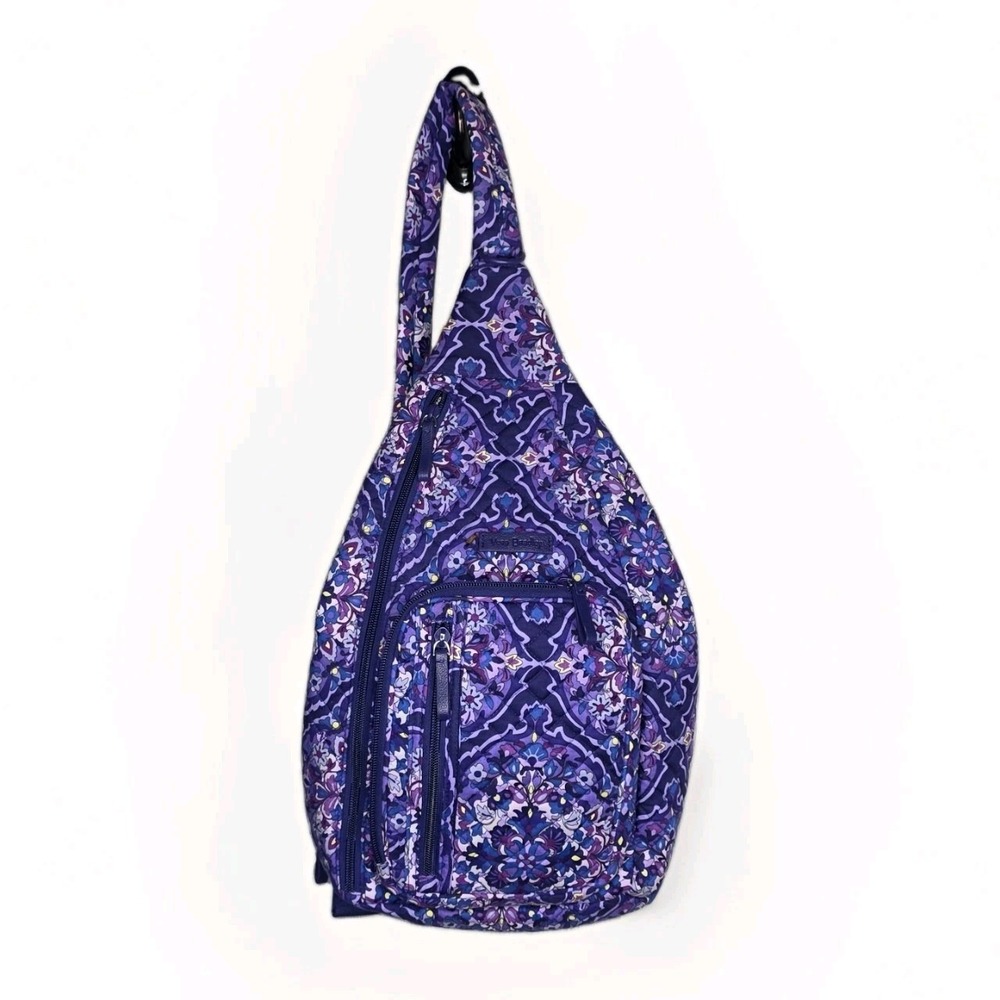 NWOT Vera Bradley Plaid Sling Backpack Purple Plum Paisley Adjustable Strap